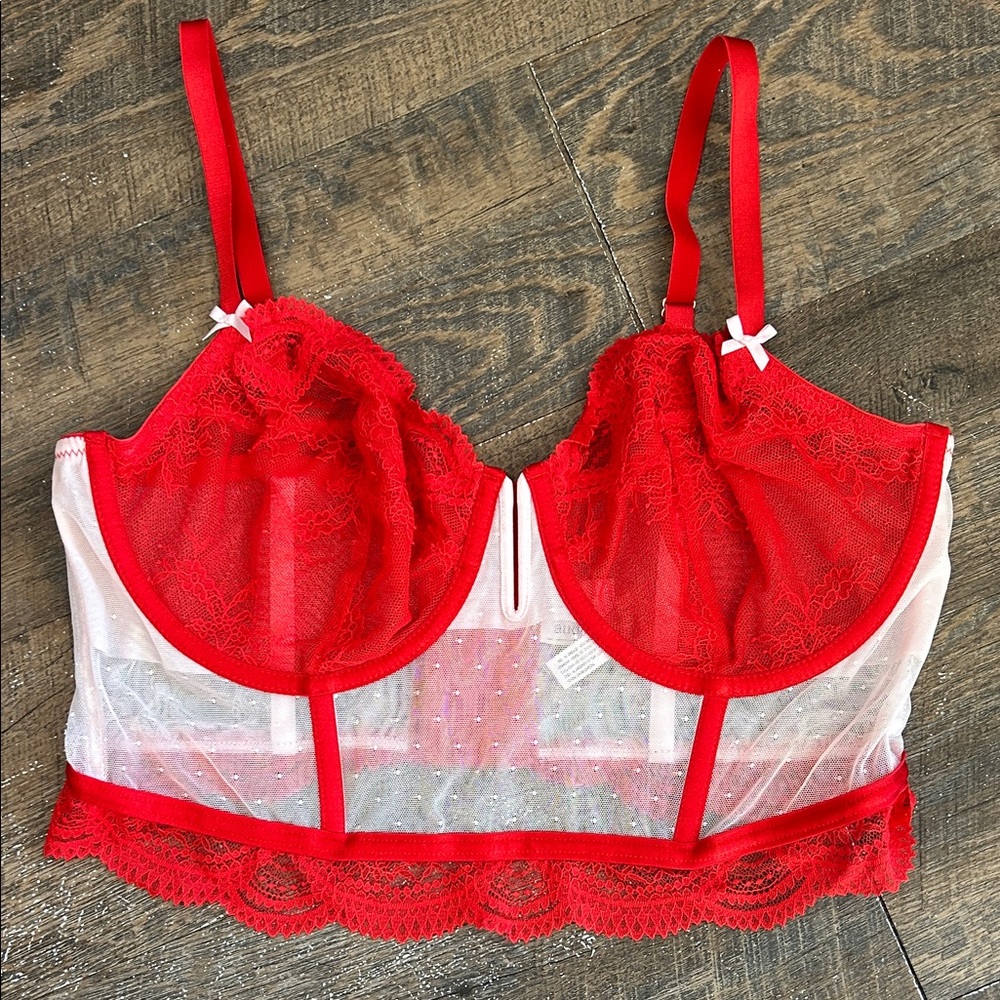Auden Red & White Lace Underwire Bustier Longline Bra Size XL